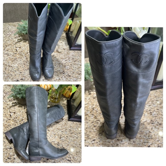 CHANEL Gray Interlocking CC Logo Leather Riding Boots 36.5 - Picture 1 of 15